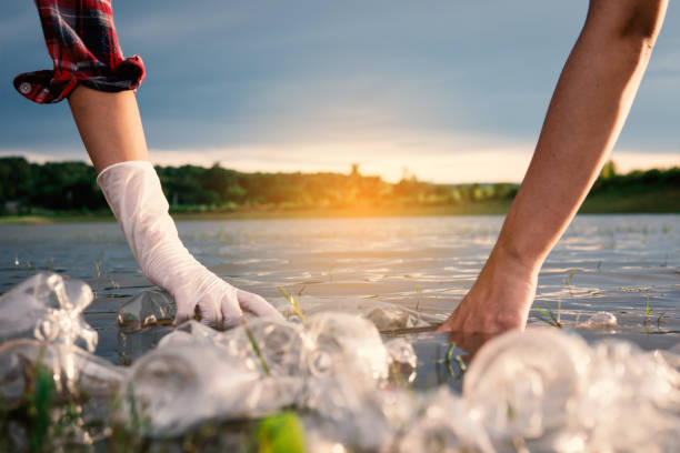 istock Human picking up a bottle plastic in the river , protect environment from a water pollution concept. 1169270037