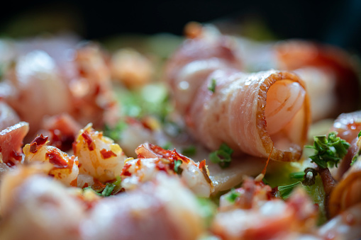 home cooking: baked bacon roll, stuffed with shrimp