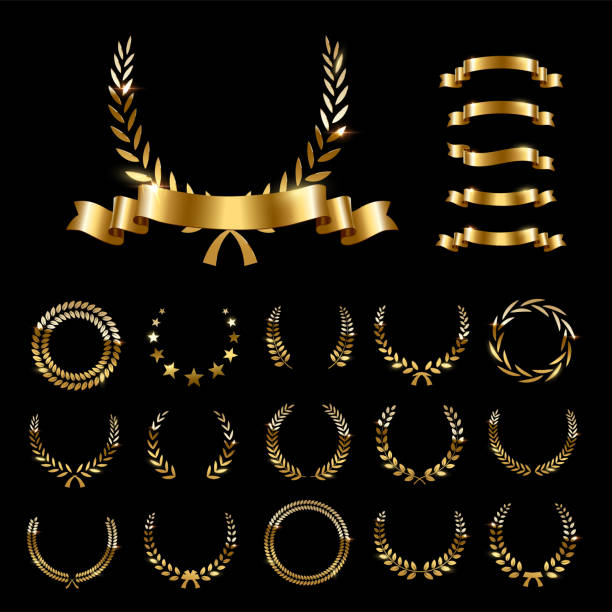 illustrazioni stock, clip art, cartoni animati e icone di tendenza di corone di alloro dorato e nastri impostati su sfondo nero. set di foliate corona premio per il campionato o festival del cinema. illustrazione vettoriale. - gold medal medal winning trophy