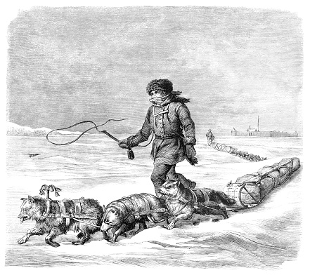Dog-sled team - Postal worker delivering post on the Great Lakes USA
Original edition from my own archives
Source : Gartenlaube 1862
Drawing : Fred. Kurz
Graveur : W. Aarland - Richter