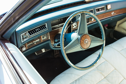 City Riga, Latvian republic. Retro car party. Oldtimer cars at the motor museum. Urban city view. 17 August 2019.