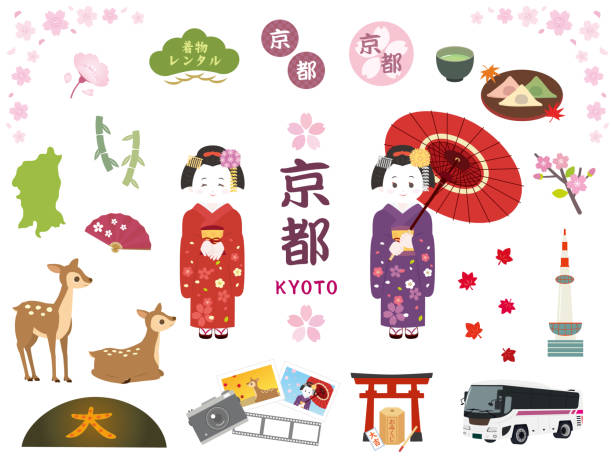 illustrazioni stock, clip art, cartoni animati e icone di tendenza di kyoto set1 - asia travel traditional culture people