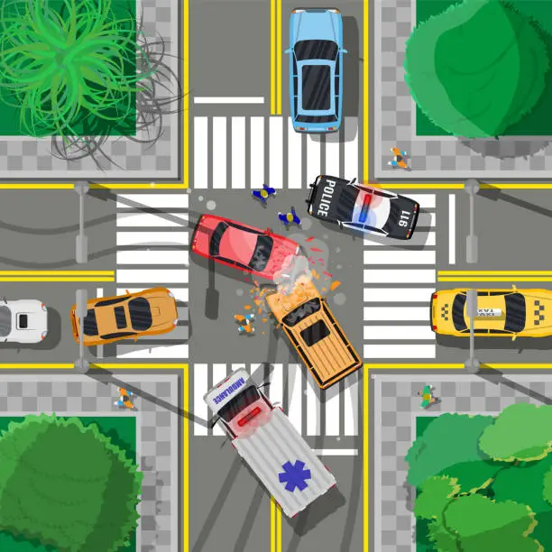 Vector illustration of Road accident between two cars on crossroad