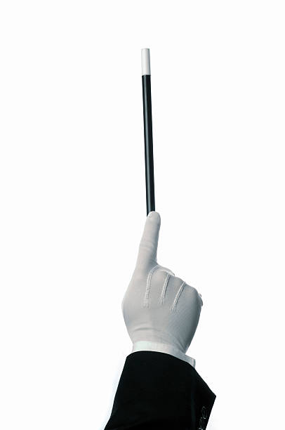 Magician's hand and wand or a conductor, on white.