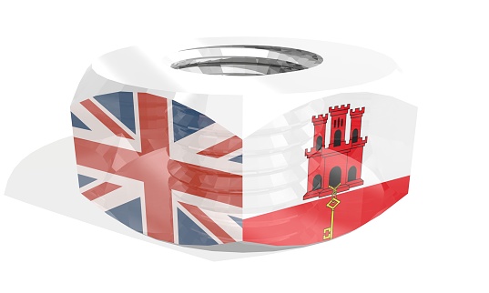 Business communication concept in industrial design. Gibraltar and United Kingdom business cooperation. National flags on silver metal nut. 3D rendering