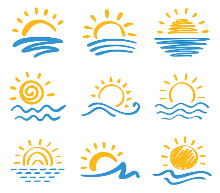 Vector icon set of sun and sea. Hand drawn design elements