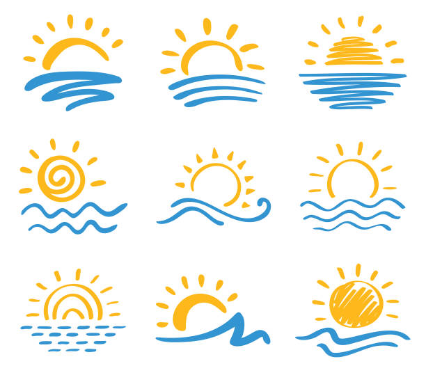 Sun and sea, icon set Vector icon set of sun and sea. Hand drawn design elements wave water icons stock illustrations