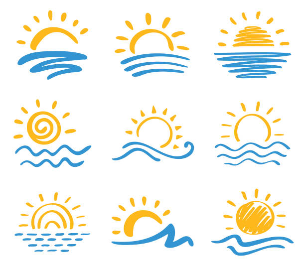 Sun and sea, icon set Vector icon set of sun and sea. Hand drawn design elements lake stock illustrations