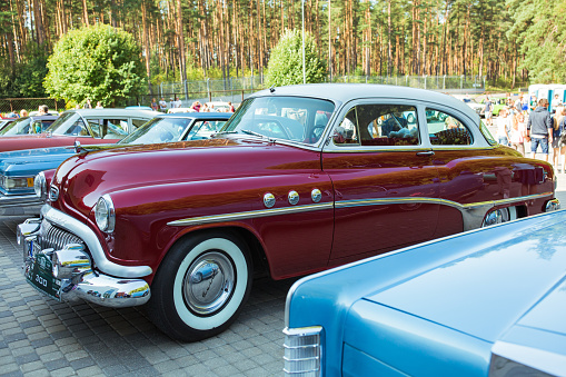 City Riga, Latvian republic. Retro car party. Oldtimer cars at the motor museum. Urban city view. 17 August 2019.
