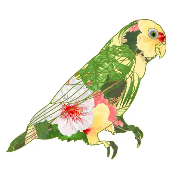 Vector illustration of Parrot Agapornis lovebird tropical bird  floral pattern   white and yellow hibiscus palm on a white background vector illustration editable