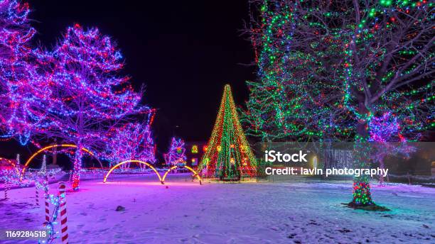 Christmas Tree Rotary Lights Lacrosse Wisconsin Stock Photo - Download Image Now - Christmas Lights, Christmas, Outdoors