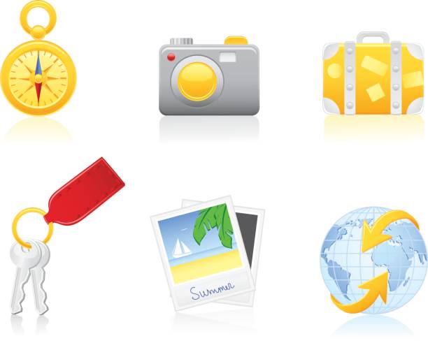 ilustrações de stock, clip art, desenhos animados e ícones de conjunto de ícones de viagens - compass key globe earth
