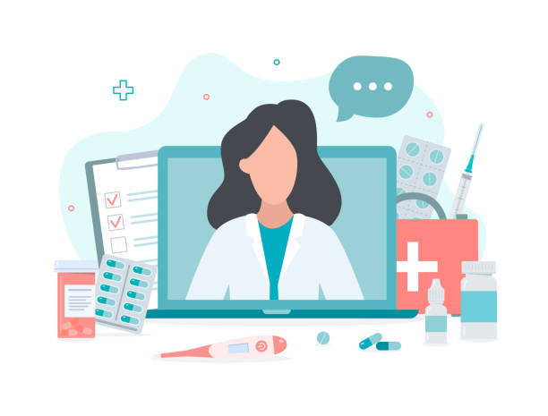 ilustrações de stock, clip art, desenhos animados e ícones de online doctor concept - medicação ilustrações