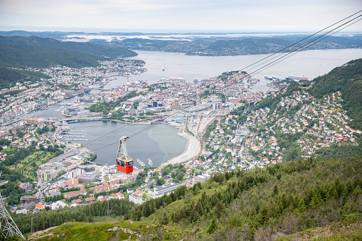 Cable Car taking Tourists to the Summit of the highest Mountain Ulriken with the famous town Bergen below. Norway. Nikon D850. Converted from RAW.