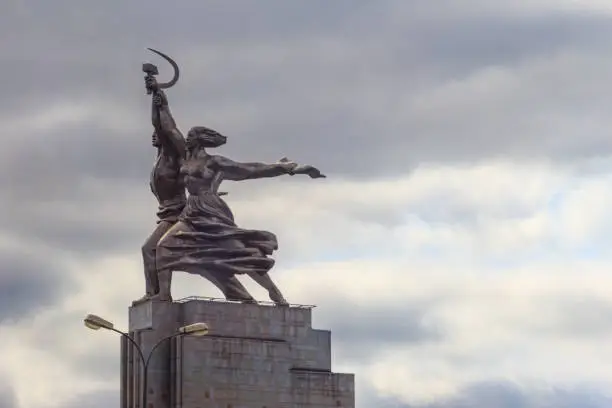 Famous Soviet monument Worker and Kolkhoz Woman (Collective Farm Woman) of sculptor Vera Mukhina in Moscow, Russia. Made of stainless steel in 1937