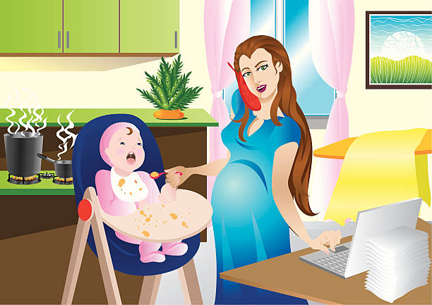 illustrazioni stock, clip art, cartoni animati e icone di tendenza di vita moderna da donna - mother emotional stress exhaustion cooking
