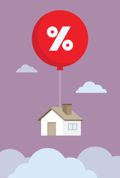 kuvapankkikuvitukset aiheesta talo kelluu taivaalla punaisella prosenttisymboli-ilmapallolla - freedom mortgage