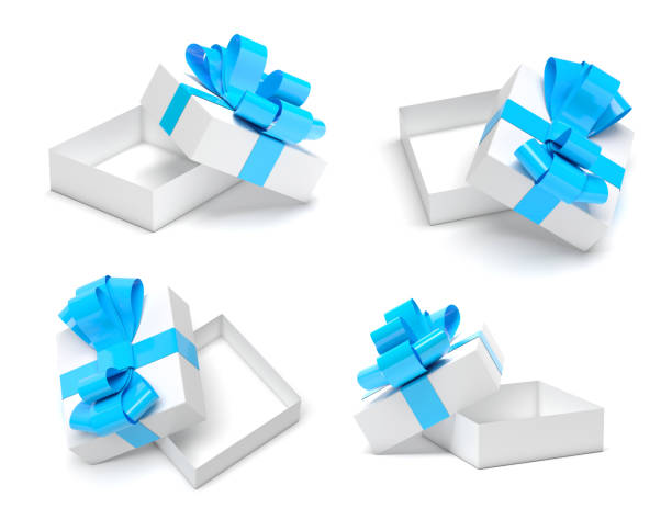 istock Gift boxes. Open empty white cartons with blue ribbon bows. Male style 1169297023