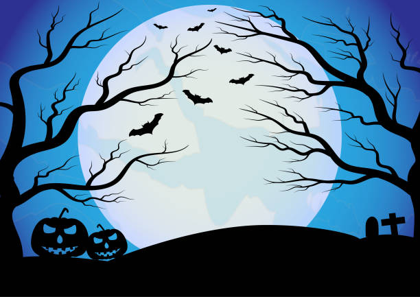 istock Halloween background vector with dark pumpkin, moon and bat silhouette style of sunset blue light 1169297397