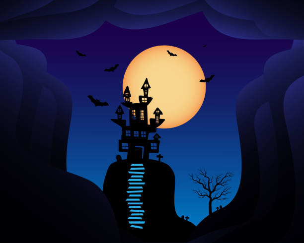 istock Halloween background vector with dark pumpkin, moon and bat silhouette style of sunset blue light 1169297518
