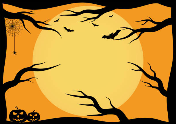 istock Halloween background vector with dark pumpkin, moon and bat silhouette style of sunset orange light 1169298388