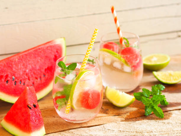 istock Sparkling water glasses with watermelon. 1169298448