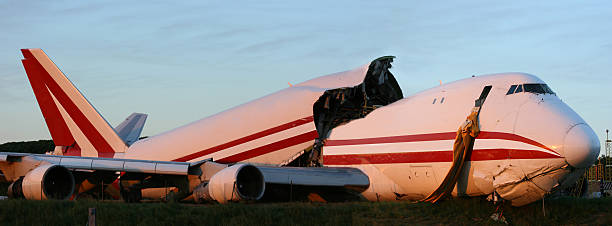Airplane Crash Boeing 747 splits in two after the crash. airplane crash photos stock pictures, royalty-free photos & images