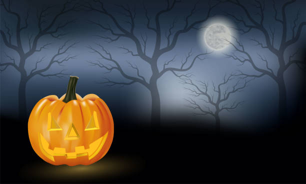 istock Halloween background vector with orange pumpkin lantern, full moon and bat silhouette style 1169298682