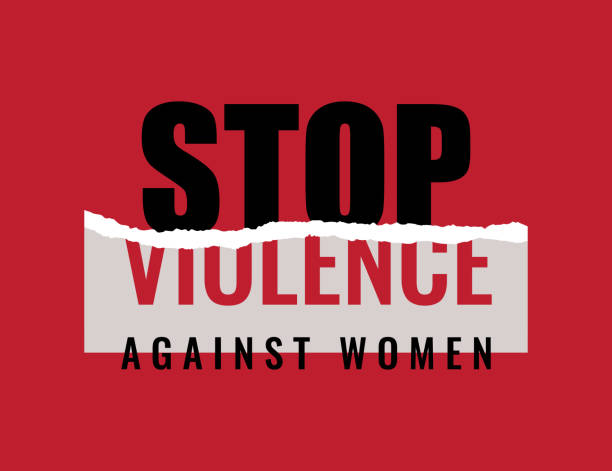 stop violence against women slogan mit abgezocktem papier auf rotem hintergrund - häusliche gewalt stock-grafiken, -clipart, -cartoons und -symbole