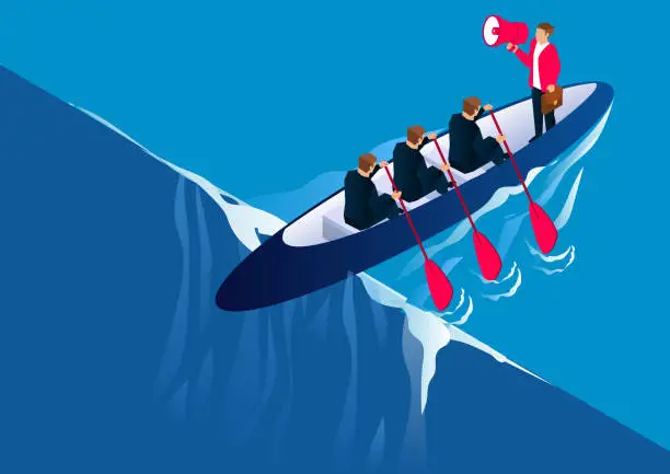 Vector illustration of Teamwork and business challenge concept, team paddling against the water