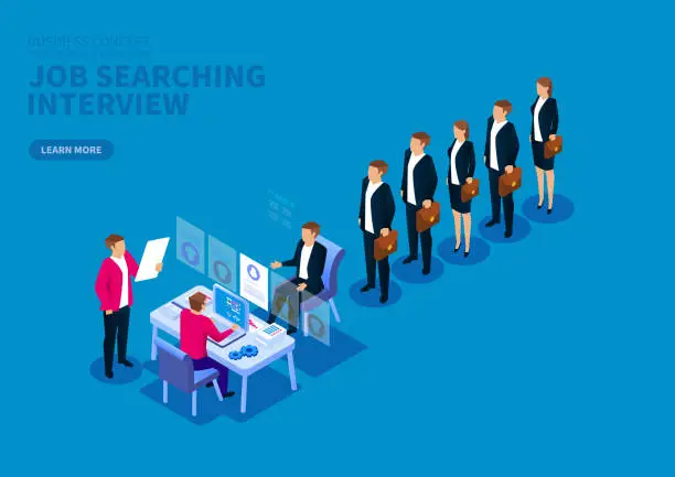 Vector illustration of Job search and interview, standing in a row of job seekers