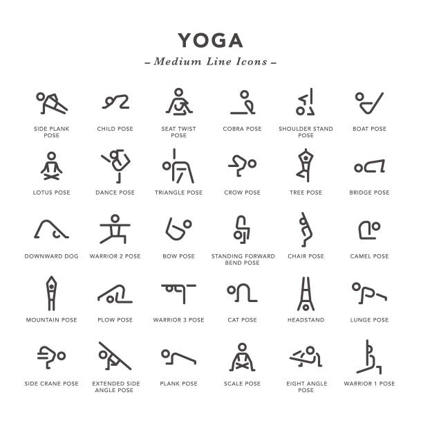 Yoga - Medium Line Icons Yoga - Medium Line Icons - Vector EPS 10 File, Pixel Perfect 30 Icons. warrior position stock illustrations