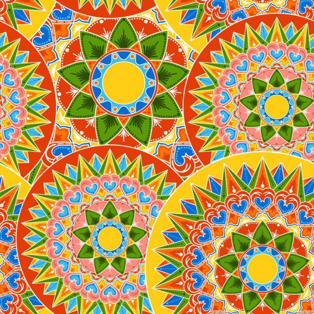 ilustraciones, imágenes clip art, dibujos animados e iconos de stock de vector de patrón de costa rica sin costuras. fondo decorado de la rueda de la carreta de café con adorno tradicional. impresión de mandala indio tribal. diseño étnico para papel de envoltura y textil. - mandala aztec