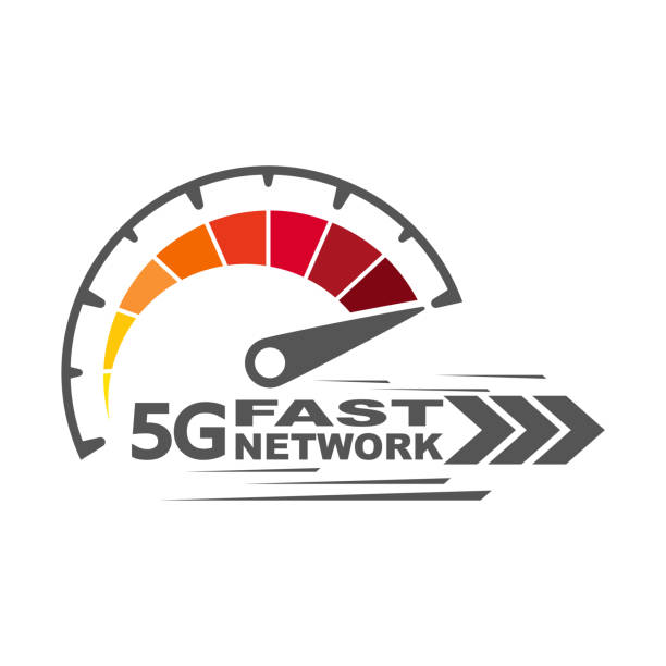 illustrations, cliparts, dessins animés et icônes de réseau rapide de 5g. vitesse internet 5g concept. symbole abstrait du réseau de vitesse 5g. conception du logo speedometer. icône vectorielle. bpa 10. - compteur