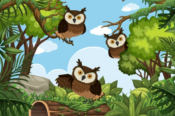 Vector illustration of Owls in jungle scene