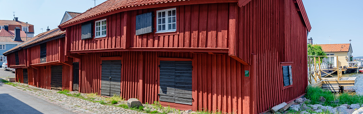 Historic falun red wooden storehouses (Loftbodarna) at Västervik, Sweden