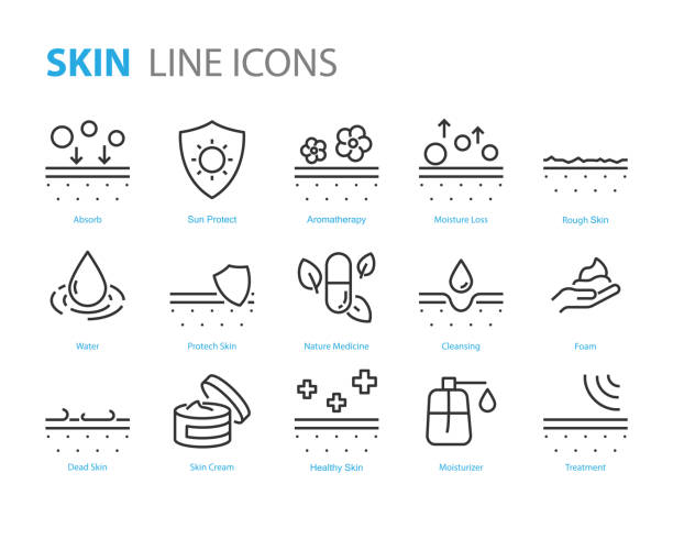 set of skin icons, aloe vera, uv protect, moisturizing, lotion set of skin icons, aloe vera, uv protect, moisturizing, lotion dry skin stock illustrations