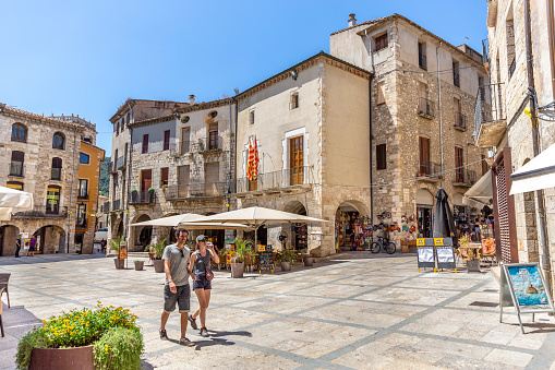 August 9, 2019. Besalú, Spain. Besalu is a municipality located in the province of Girona, Spain. This is the main square. People visit the place.