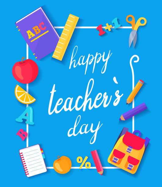Happy Teachers Day Promo Vector Illustration Blue Happy teachers day promo image framed in border with pictures of apple and orange, book and ruler, percent and letters vector illustration teacher borders stock illustrations