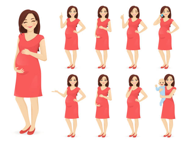 ilustrações de stock, clip art, desenhos animados e ícones de woman pregnant - mother holding child pointing