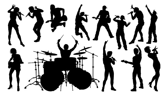 A set of musicians, rock or pop band singers, drummers, and guitarists high quality silhouettes