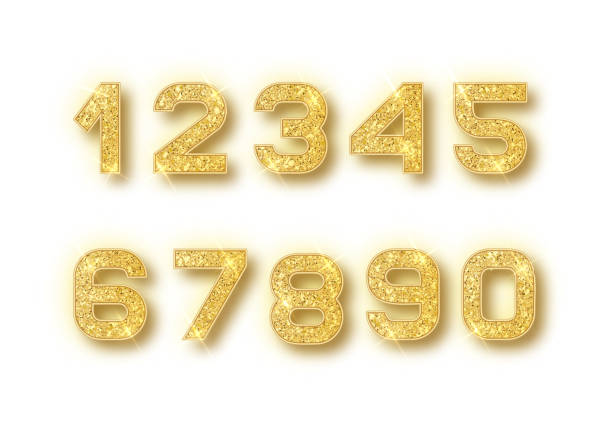 影で設定されたゴールドグリッターアルファベット番号。ベクトルリアル輝く黄金のフォント番号 1,2,3,4,5,6,7,8,9,0 白い背景に輝きを放つ。かわいい結婚式、記念日、パーティー、ラベル、見� - number 6点のイラスト素材／クリップアート素材／マンガ素材／アイコン素材