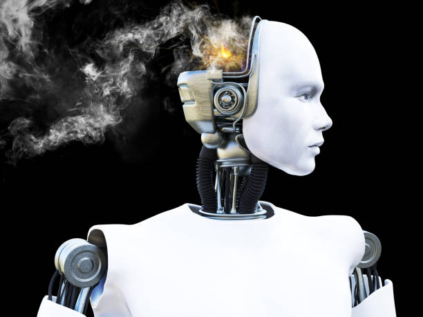 istock 3D rendering of male robot with smoke from his head. 1169319548