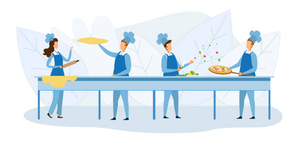 Cooks Team Preparing Pizza Together Illustration Cooks Team Preparing Pizza Together Illustration. Cartoon Chef Characters Kneading Dough with Rolling Pin, Cutting Vegetables with Knife, Baking Fresh Fast Food Snack. Vector Flat Illustration rolling dough stock illustrations
