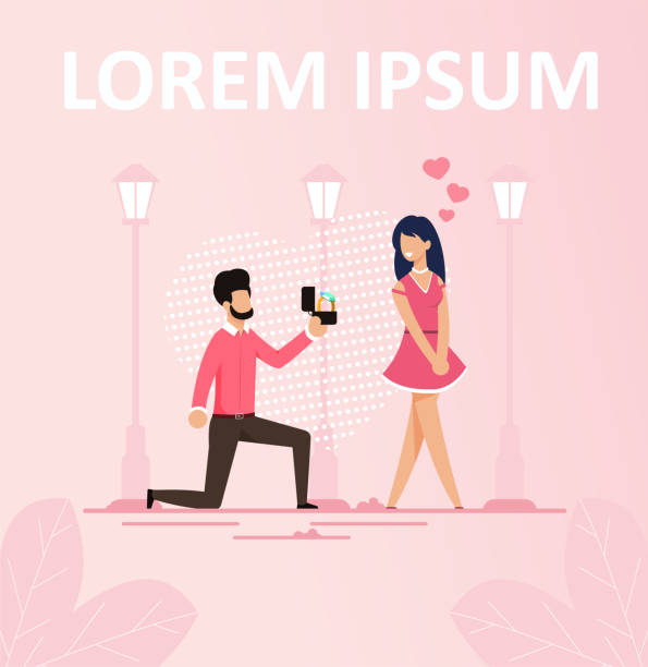Man Making Marriage Proposition Romantic Poster Man Makes Woman Marriage Proposition Standing on One Knee. Beautiful Cartoon People Character in Love. Romantic Dating. Flat Street with Lanterns. Poster with Editable Title. Vector Illustration trophy wife stock illustrations