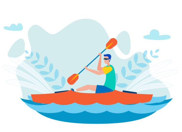 illustrazioni stock, clip art, cartoni animati e icone di tendenza di illustrazione a vettore piatto whitewater kayaking sport - men sitting canoe canoeing