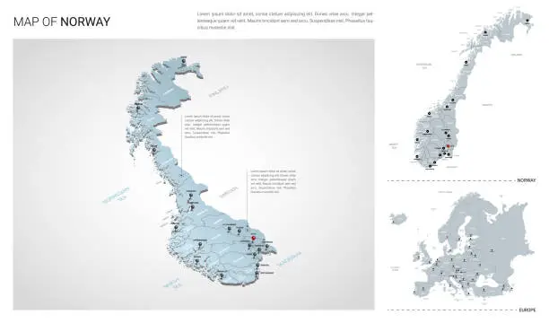 Vector illustration of Vector set of Norway country.  Isometric 3d map, Norway map, Europe map - with region, state names and city names.