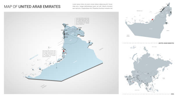 ilustraciones, imágenes clip art, dibujos animados e iconos de stock de conjunto vectorial del país de los emiratos arabes unidos.  mapa 3d isométrico, mapa de eau, mapa de asia - con nombres de región, estado y ciudades. - united arab emirates illustrations