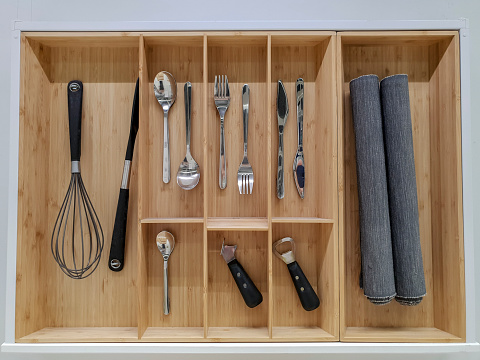 Set of dishes. Modern Wooden box of utensils storage. Easy to fit in kitchen drawer for spoon, fork and other