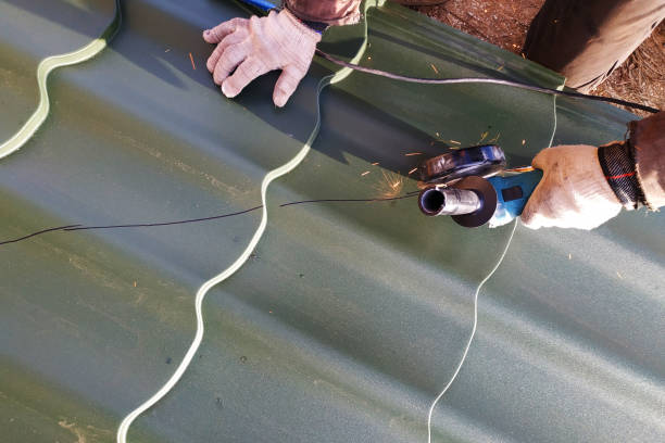 마스터는 집의 지붕에 설치하기위한 전문 금속 시트를 잘라 - building contractor flash 뉴스 사진 이미지